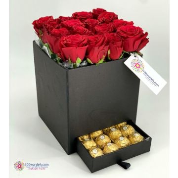 Red Roses in a black box with Ferrero