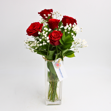 Red Roses Vase with Greens and Baby Breath