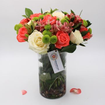 Vibrant Serenity Bouquet with coral roses, ivory blooms, and green accents amman jordan
