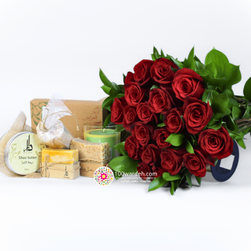 Indulge in the epitome of elegance with our Luxurious Rose Bouquet paired with a premium skin care set.