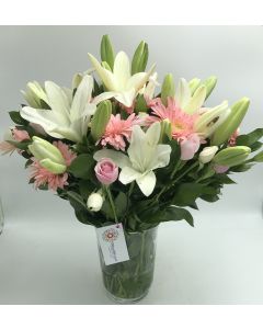 White Lilies with hot pink gerberas