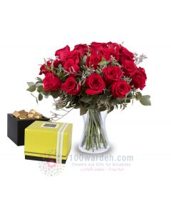 20 Valentine Red Roses + 250gm Patchi Chocolate box