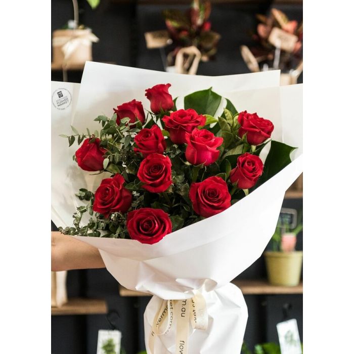 One Dozen Long Stem Red Rose Bouquet Large 882d17b6b6e8476fef39d7b4a8b270df 
